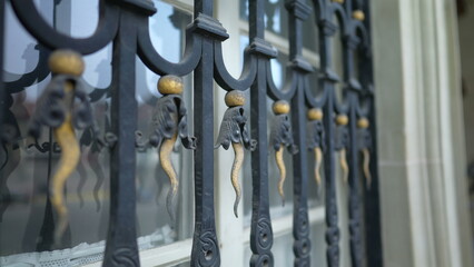 Protective metal window gate with decorative adornment. Aesthetic barrier against intruders with...
