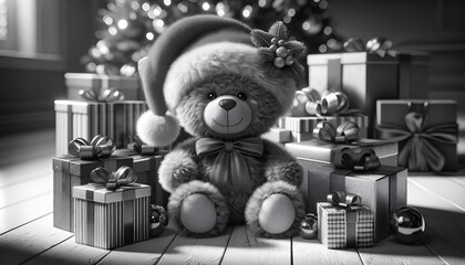 Black and white image of cute teddy bear with gifts.