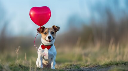 in focus funny Jack Russell terrier puppy running across a field with a red heart-shaped balloon. - obrazy, fototapety, plakaty