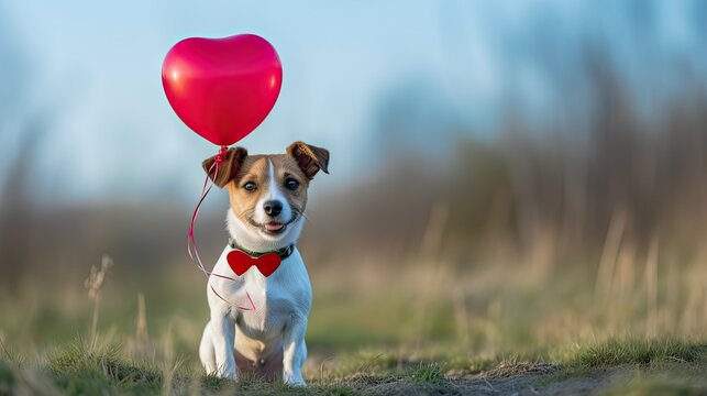 in focus funny Jack Russell terrier puppy running across a field with a red heart-shaped balloon.