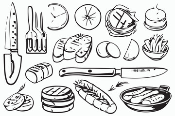 Hand drawn vector seamless pattern barbecue, black line.