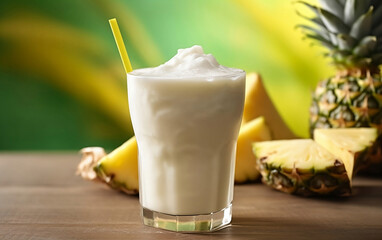 Delicious pia colada milkshake with a fresh pineapple wedge on top in glasses. Pia colada milkshake on a blurred wooden table background. High-resolution image.