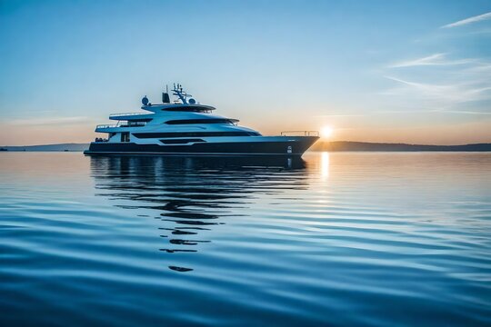 A sleek and modern vessel cuts through the calm waters