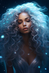 Portrait of a Woman with Curly Hairstyle White in Firefly Effect Background. Close-up view of Beautiful Snow Girl in a Starlit Goddess-Themed Backdrop at  Night Time.