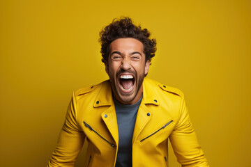 Fototapeta premium A European man in a bright yellow raincoat shouts loudly against a mustard studio background. Concept of psychological states.