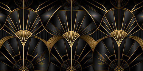 Art deco wallpaper that is black and gold ,A close up of a black and gold wallpaper with a pattern generative ai

