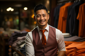 Fototapeta premium A male dressmaker tailor standing with bight smile. Perfect design. business dress code. Handmade. retro and modern tailoring workshop. suit store and fashion showroom. sewing mechanization.