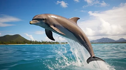 Rolgordijnen A playful dolphin pod in the ocean © MAY
