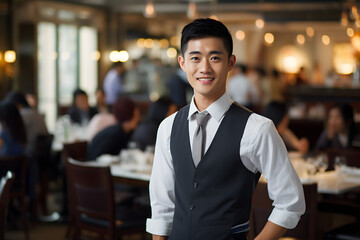 A young handsome waiter smiling cheerfully at camera standing in luxury restaurant or cafe