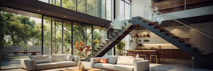 interior of modern bright living room with glass wall, panoramic view. Interior design of modern two story living room.