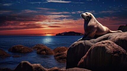 A seal basking in the moonlit glow on a rocky outcrop at the water's edge