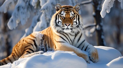 Fototapeta na wymiar A Siberian tiger resting on a snow-covered rock in a wintry landscape