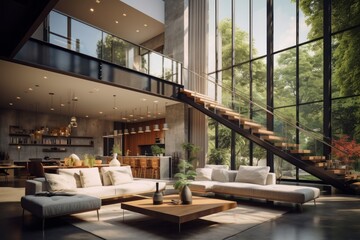 Modern living room interior design with sofa, coffee table and glass wall. Interior design of modern two story living room.