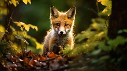 Naklejka premium A curious fox in a dense forest