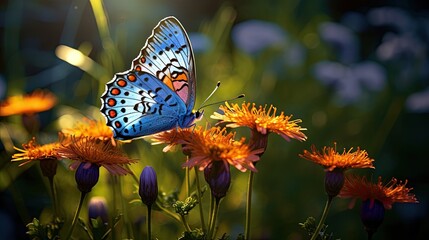 A delicate butterfly perched on a vibrant wildflower in a sunlit meadow