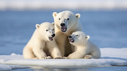 A family of polar bears in the Arctic tundra - obrazy, fototapety, plakaty