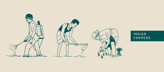 Farmer's Day, Indian people, farmers working on farms, hand-drawn Vector illustrations of men and women posing 