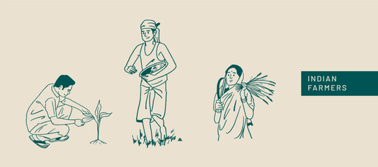 Farmer's Day, Indian people, farmers working on farms, hand-drawn Vector illustrations of men and women posing  - obrazy, fototapety, plakaty