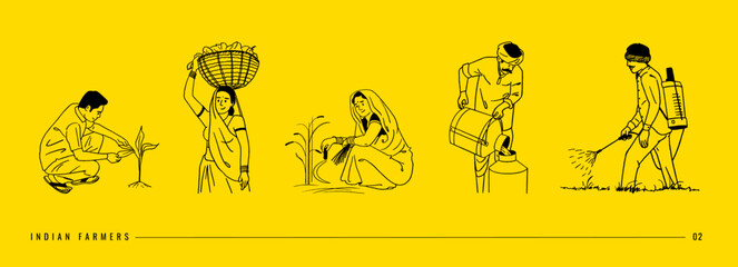 Farmer's Day, Indian people, farmers working on farms, hand-drawn Vector illustrations of men and women posing  - obrazy, fototapety, plakaty