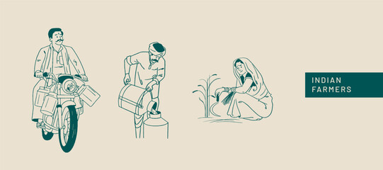Farmer's Day, Indian people, farmers working on farms, hand-drawn Vector illustrations of men and women posing 