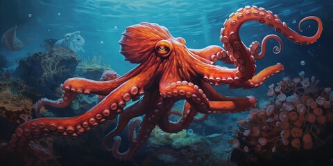 Huge octopus underwater at the sea, nature and wildlife concept - obrazy, fototapety, plakaty