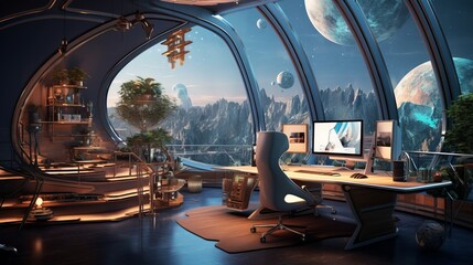 Futuristic Office Interior Overlooking Outer Space