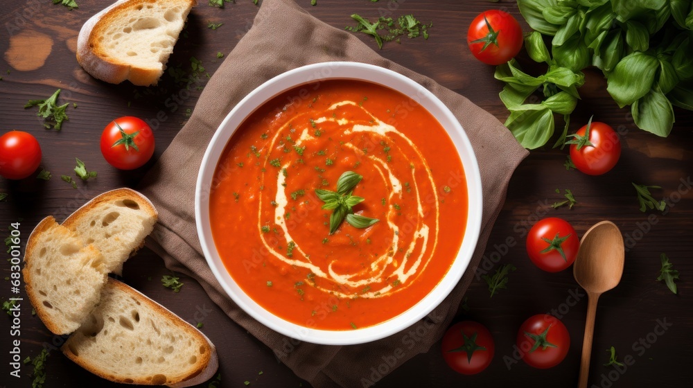 Poster a bowl of tomato soup on a table with bread, tomatoes, basil, and breadcrumbs around it.