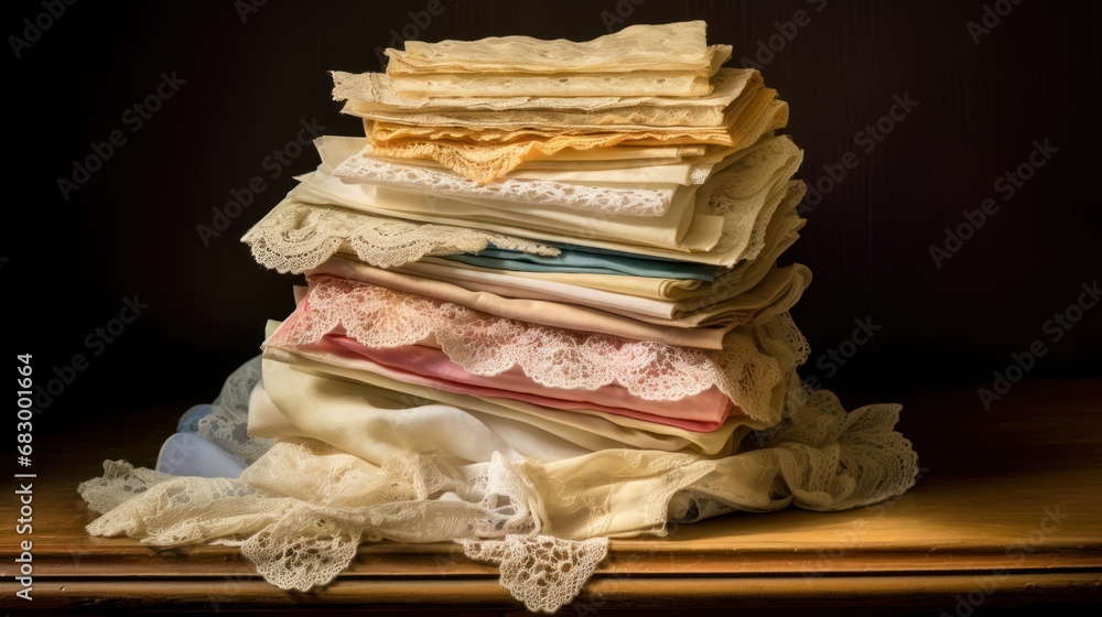 Poster a stack of cloths sitting on top of a wooden table next to a pile of cloths on top of a wooden table