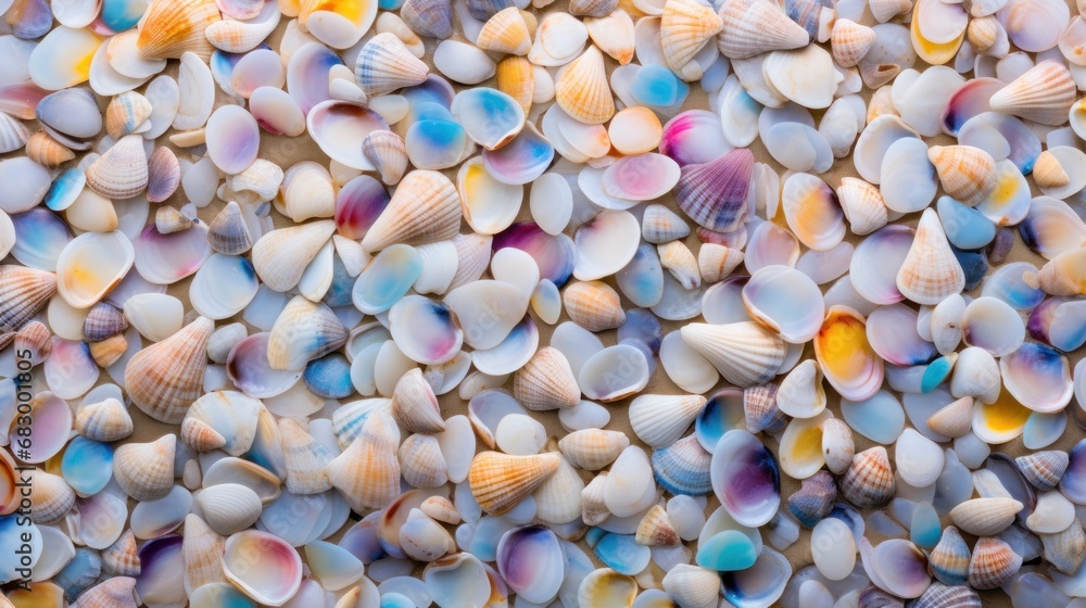 Poster a close up of a bunch of seashells on a sheet of white and multicolored sea shells.
