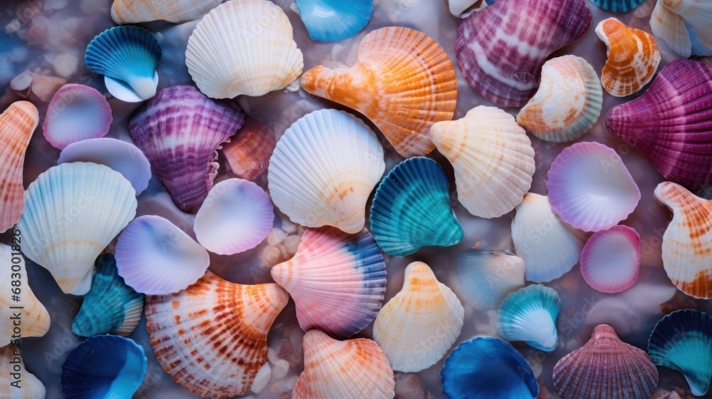 Poster a close up of a bunch of seashells on a table with a blurry background of the shells.