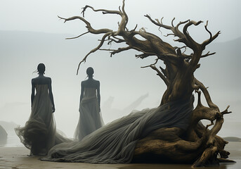 Mystical landscape with dead tree on the beach and people along. AI generated