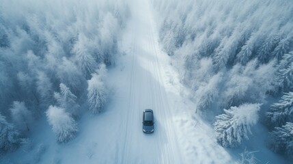 Aerial view of the winter road with car