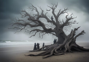 Mystical landscape with dead tree on the beach and people along. AI generated