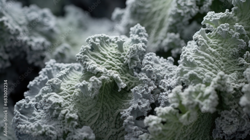 Poster a close up of a bunch of broccoli with lots of white stuff on it's leafy stems.