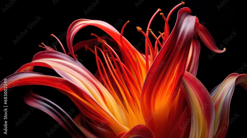 Aufkleber a close up of a red and yellow flower on a black background with a black background and a red and ye