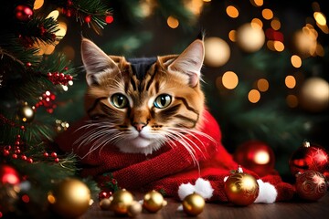 cat and christmas decorations