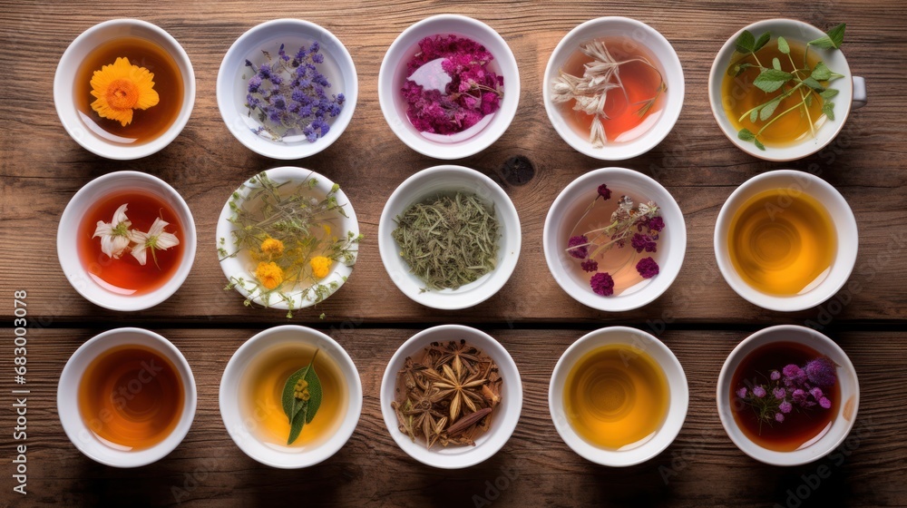 Aufkleber a table topped with bowls filled with different types of teas and tea cups filled with different typ
