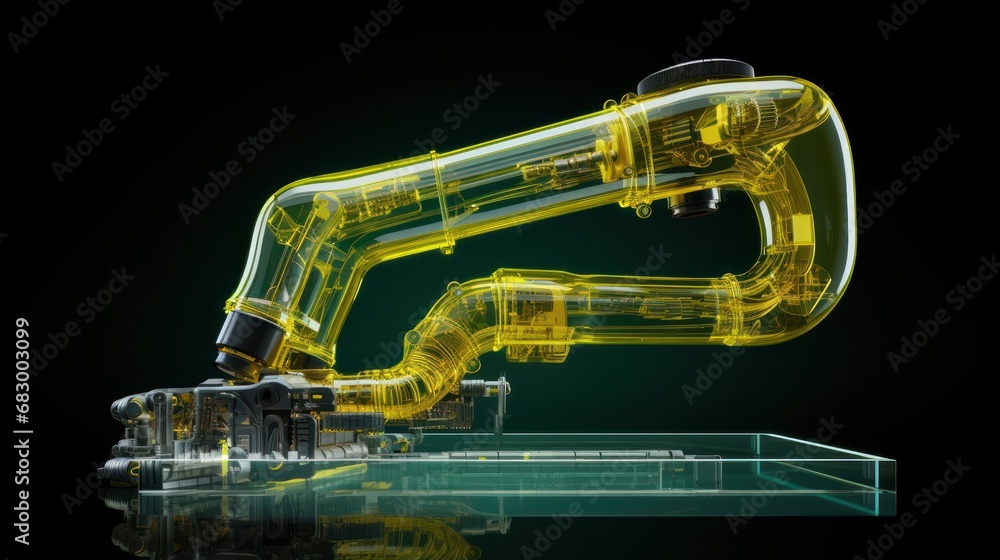 Poster a 3d image of a robotic arm on a black background with a reflection of the arm and part of the arm a