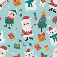 Christmas seamless pattern with santas, elves and gifts