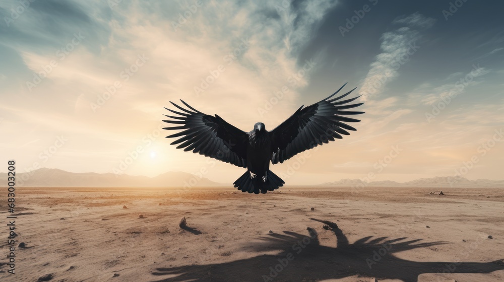 Poster a bird that is flying in the air with its wings spread and it is casting a shadow on the ground.