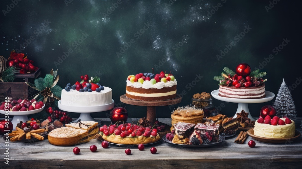 Poster a table topped with cakes and desserts covered in frosting next to a chalkboard with writing on it.