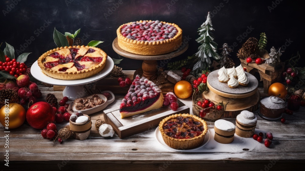 Poster a table topped with cakes and pies covered in frosting next to pine cones and red berries and pine c