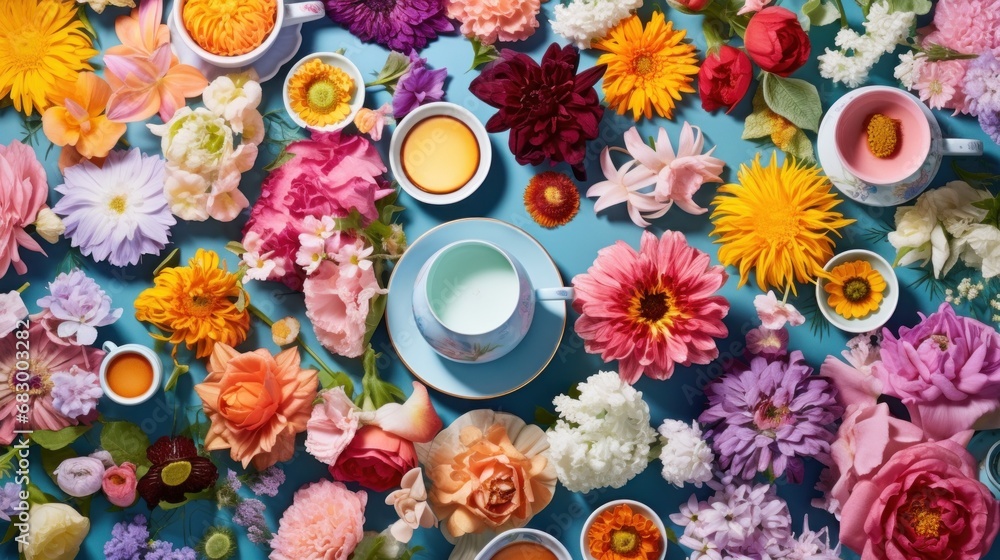 Poster a table topped with lots of different types of flowers and cups filled with different kinds of sauce
