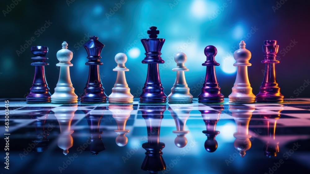 Poster a chess board with chess pieces arranged on it, illuminated by a few lights in the background the pi