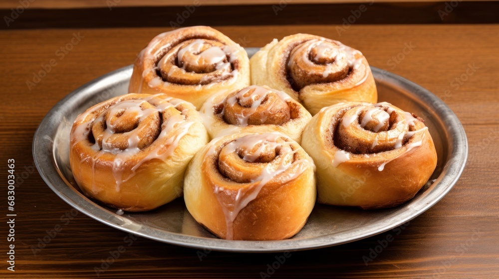Poster a plate of cinnamon rolls with icing on top of it on a wooden table with a knife and fork.