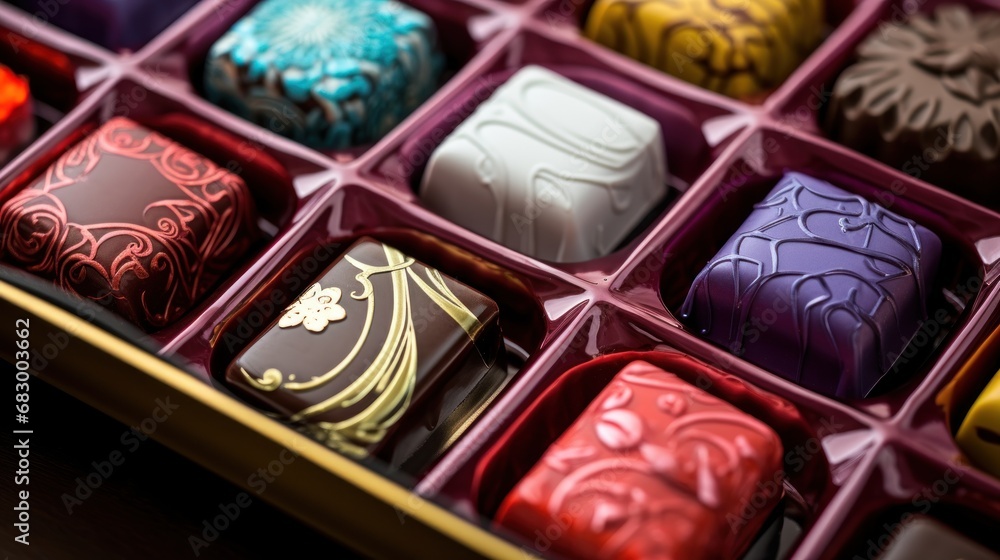 Poster a box filled with assorted chocolates sitting on top of a wooden table next to another box of chocol