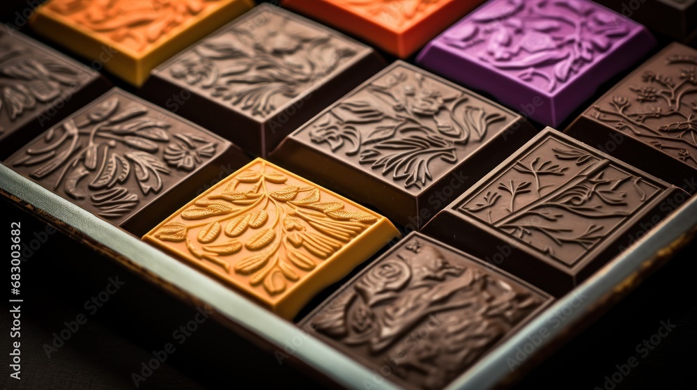 Poster a close up of a box of chocolates with different colors of chocolate on top of each of the boxes.