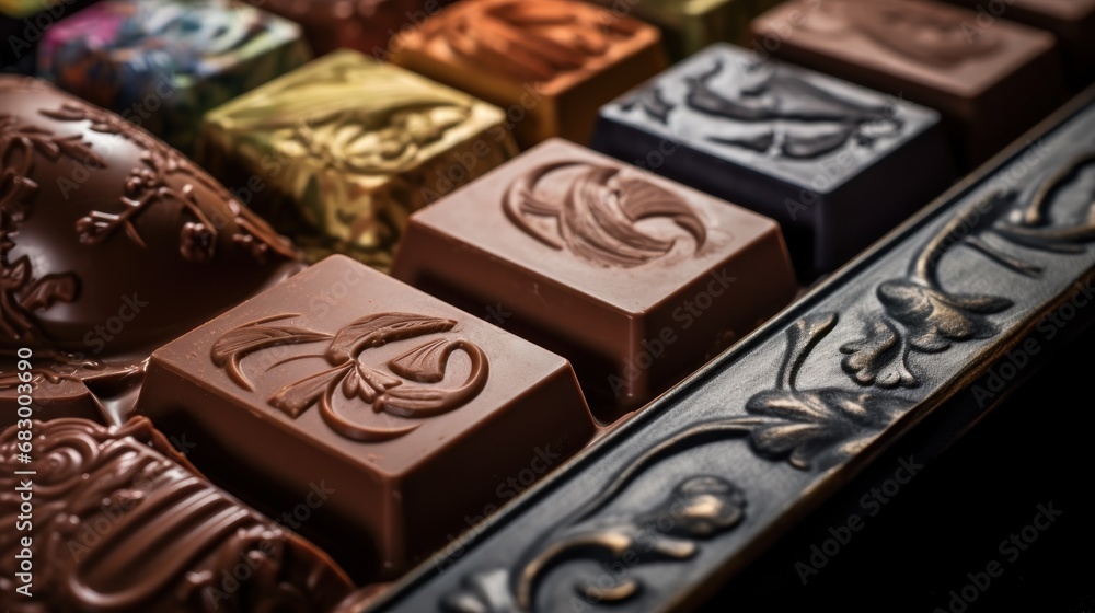 Poster a close up of a chocolate bar with many different types of chocolates on top of the bar and on the o