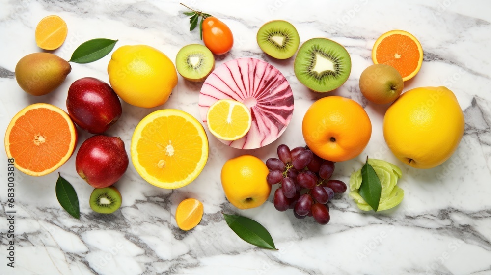 Poster a marble table topped with different types of fruits and veggies on top of a white marble counter to