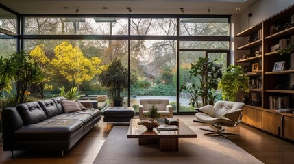 Modern open interior living room with garden outside